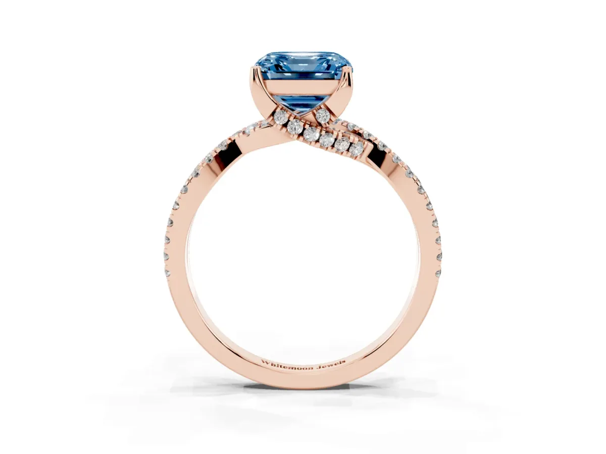 Fancy Blue Asscher Cut Solitaire Twist Pave Diamond Engagement Ring with Prong Setting Rose gold