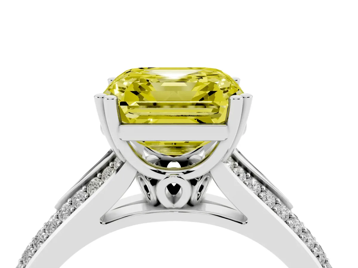 Fancy Yellow Asscher Cut Diamond Split Shank Engagement Ring with Pavé Band Silver