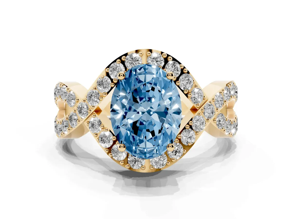 Fancy Blue Oval Cut Solitaire Twist Band Pavé Diamond Engagement Ring Yellow gold