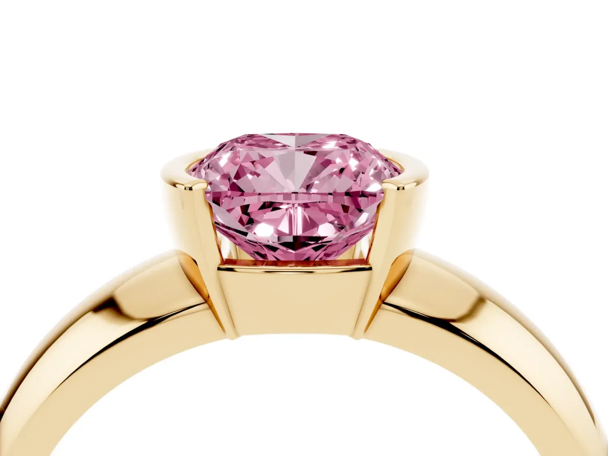 Fancy Pink Cushion Cut Solitaire Tension Set Diamond Ring with Wide Band Yellow gold
