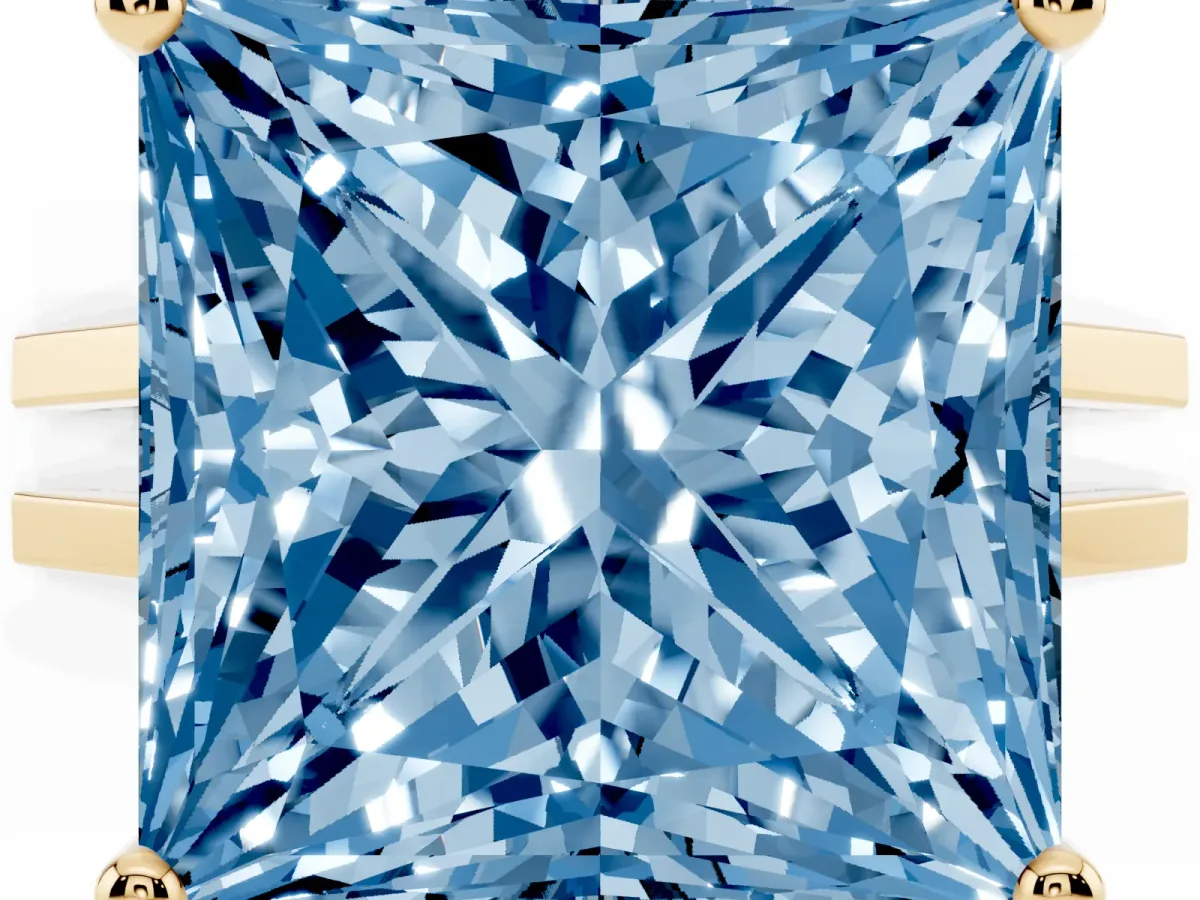 Fancy Blue Princess Cut Cut Diamond Solitaire Engagement Ring with Tapered Plain Band and Four-Prong Setting Yellow gold