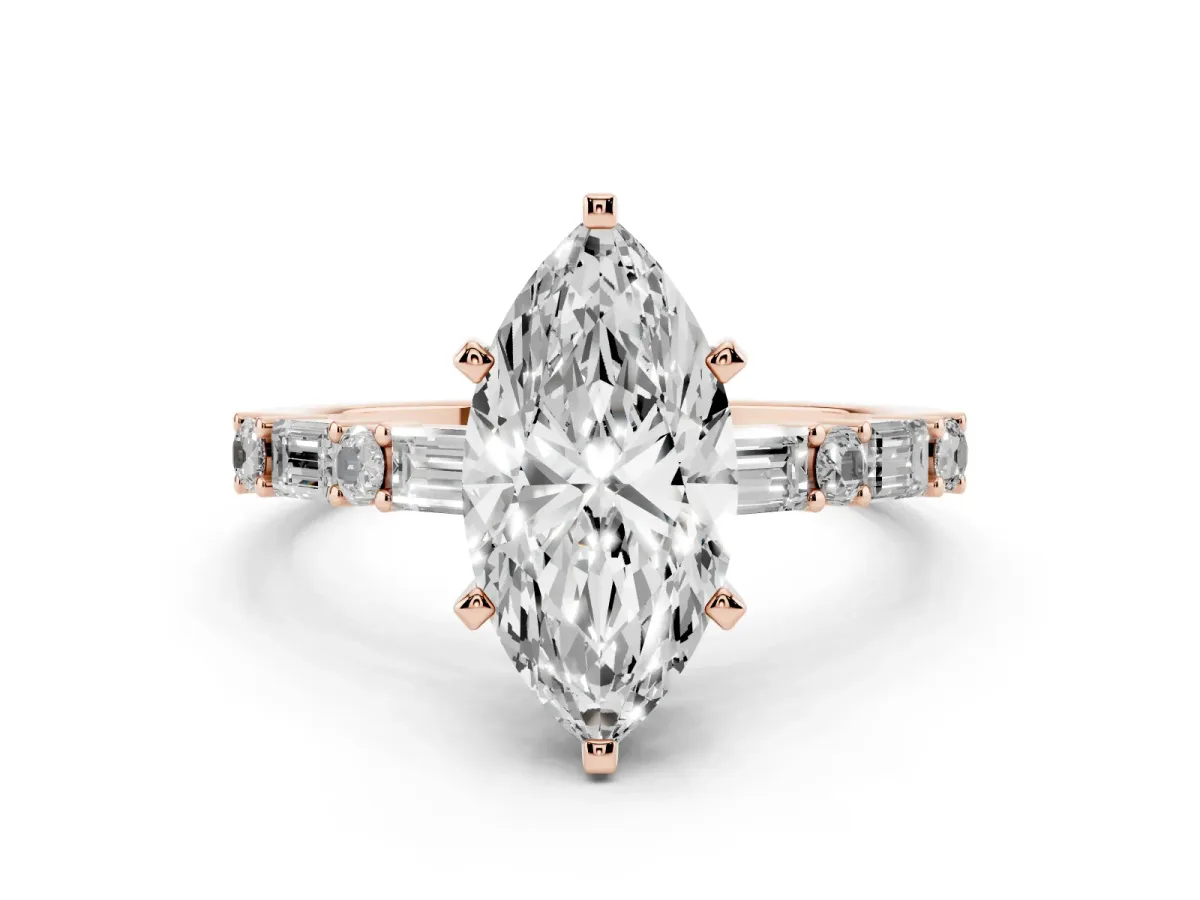Marquise Cut Diamond Solitaire with Side Baguettes and Channel Set Band Rose gold