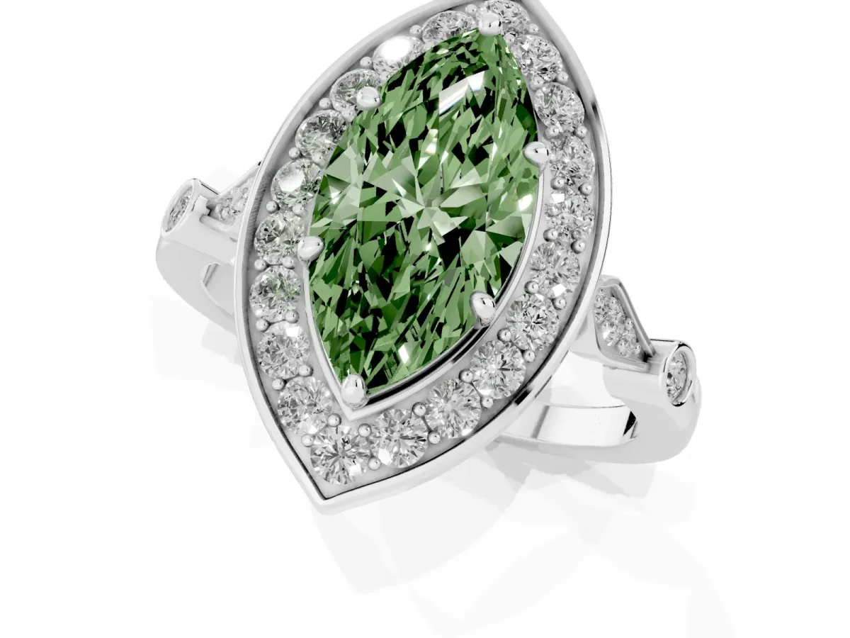 Fancy Green Marquise Cut Halo Diamond Engagement Ring with Twisted Band and Four-Prong Setting Platinum