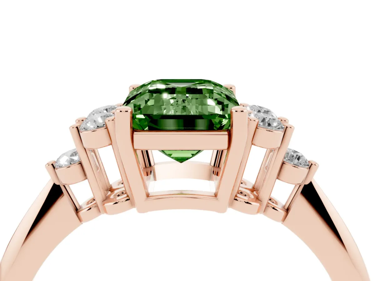 Fancy Green Emerald Cut Cut Diamond Cluster Ring with Solitaire Band and Four-Prong Setting Rose gold
