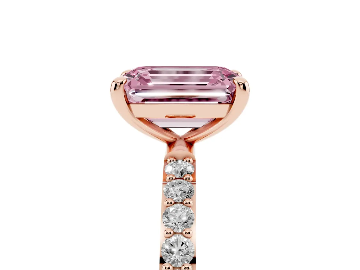 Fancy Pink Emerald Cut Diamond Solitaire Ring with Round Pavé Band and Prong Setting Rose gold