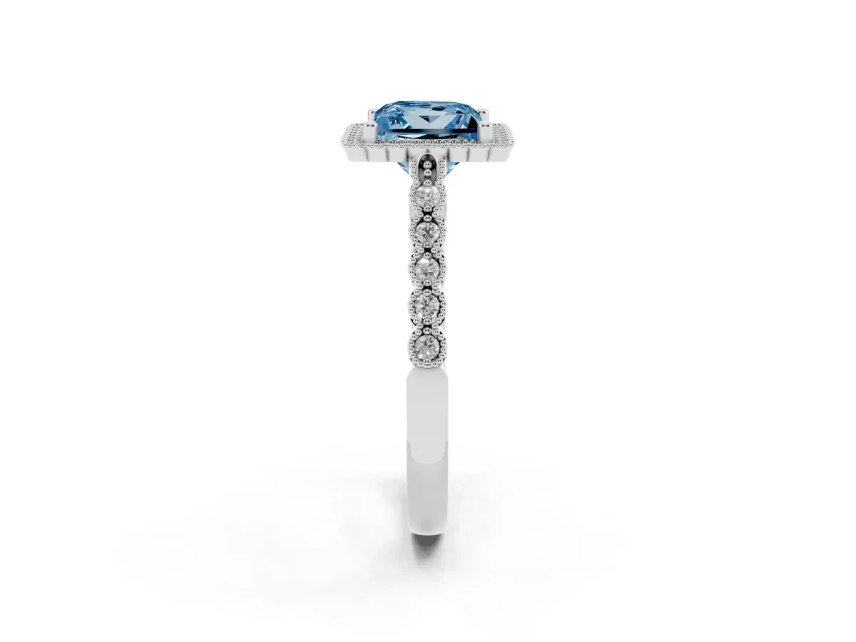 Fancy Blue Princess Cut Cut Halo Pavé Solitaire Ring with Milgrain Band White gold