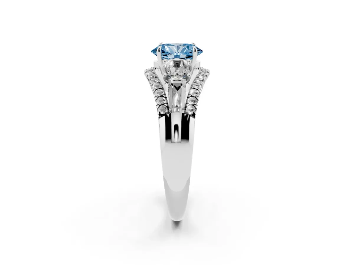 Fancy Blue Three-Stone Oval Cut Diamond Engagement Ring with Pave Band and Prong Setting Silver