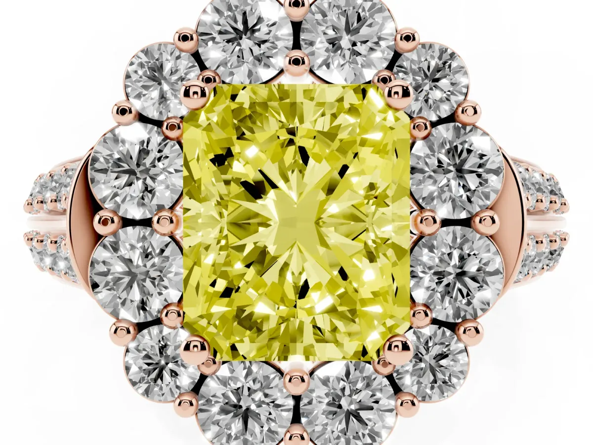Fancy Yellow Radiant Cut Halo Diamond Engagement Ring with Split Shank and Prong Setting Rose gold