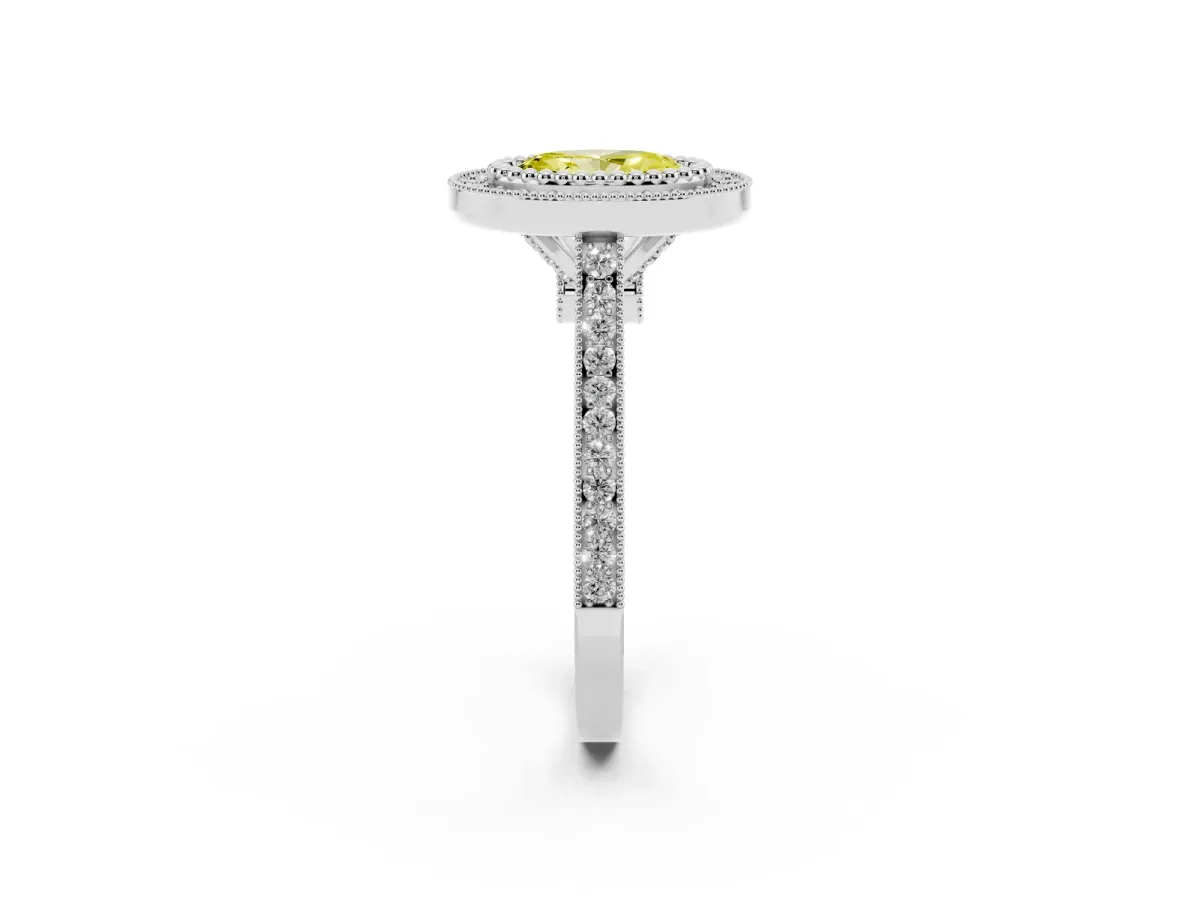 Fancy Yellow Oval Cut Diamond Halo Ring with Milgrain Frame and Pavé Band White gold
