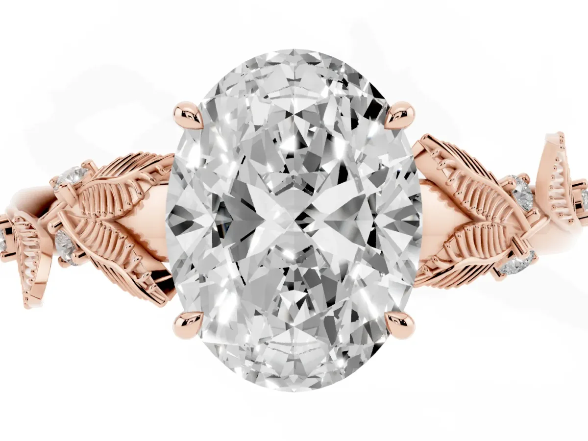 Oval Cut Diamond Solitaire Ring with Leaf Motif Band and Four-Prong Setting Rose gold