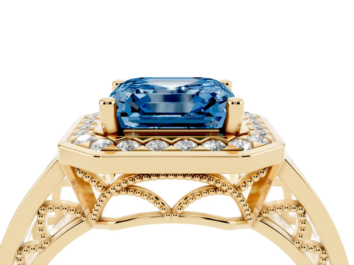 Fancy Blue Asscher Cut Diamond Halo Ring with Split Shank and Bezel Accents and Prong Setting Yellow gold