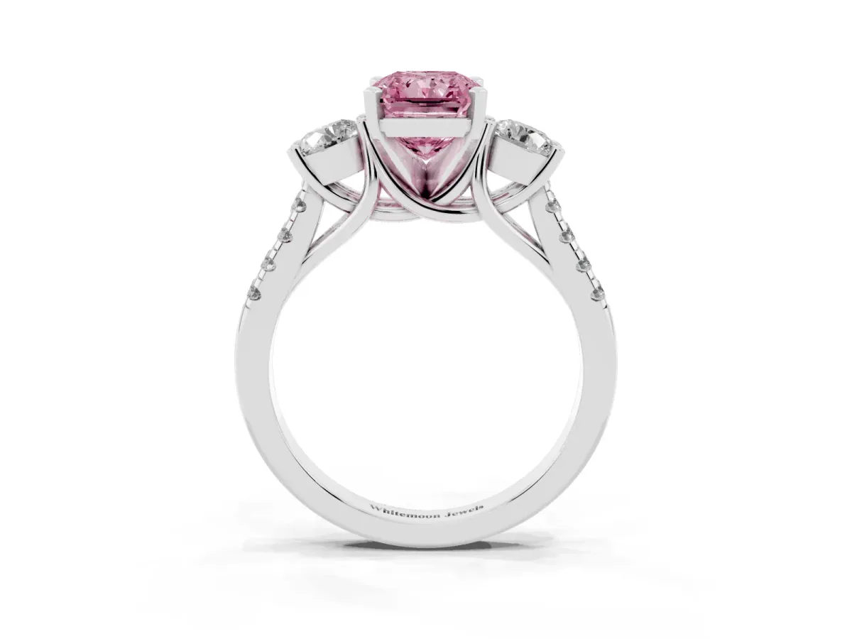 Fancy Pink Three-Stone Radiant Cut Diamond Pavé Band with Four-Prong Setting Silver