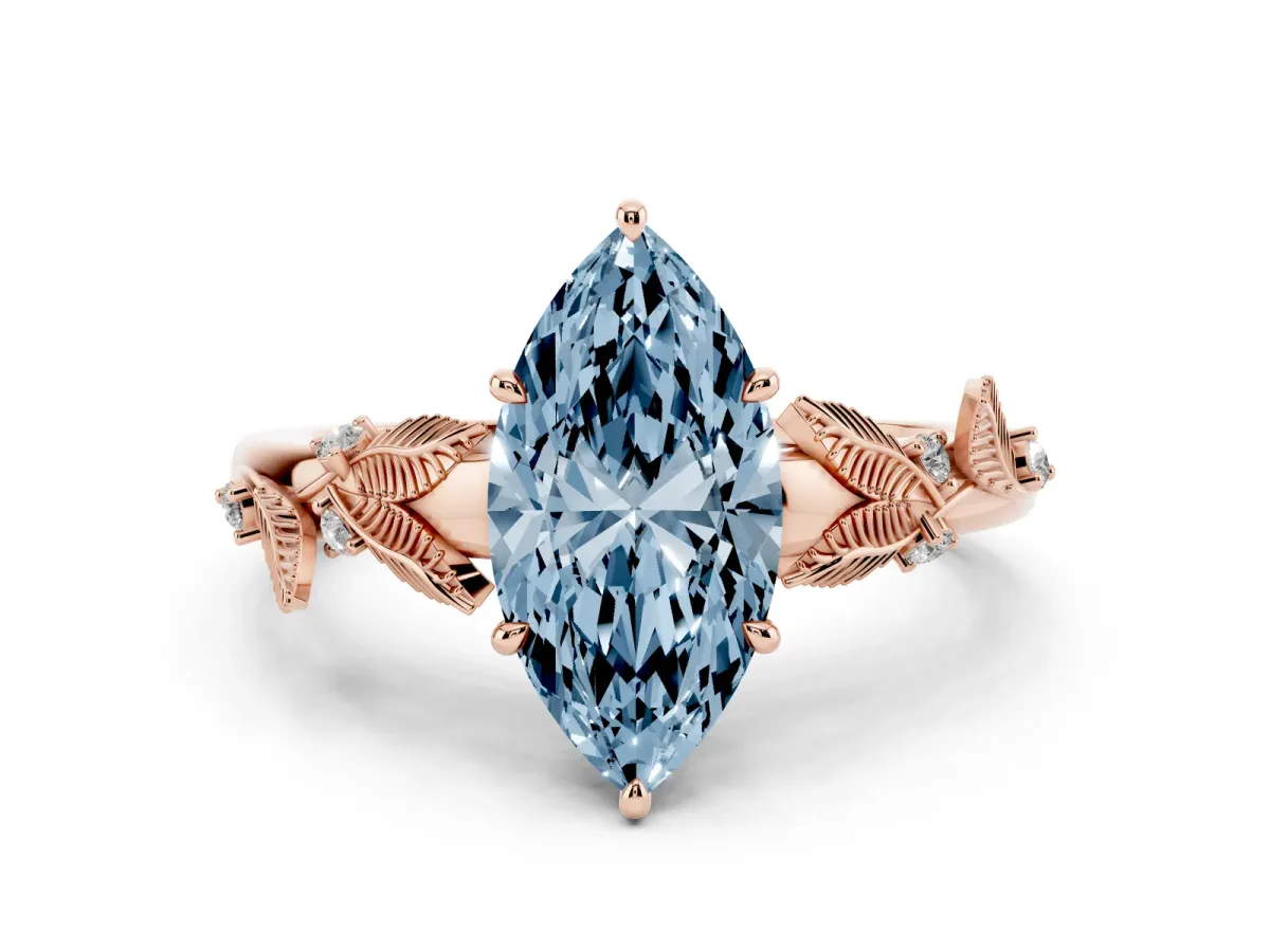 Fancy Blue Marquise Cut Diamond Solitaire Ring with Leaf Motif Band and Four-Prong Setting Rose gold