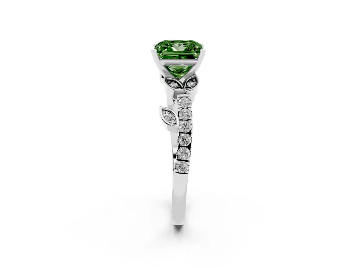 Fancy Green Princess Cut Solitaire Leaf-Inspired Diamond Ring with Pavé Band and Four-Prong Setting Platinum