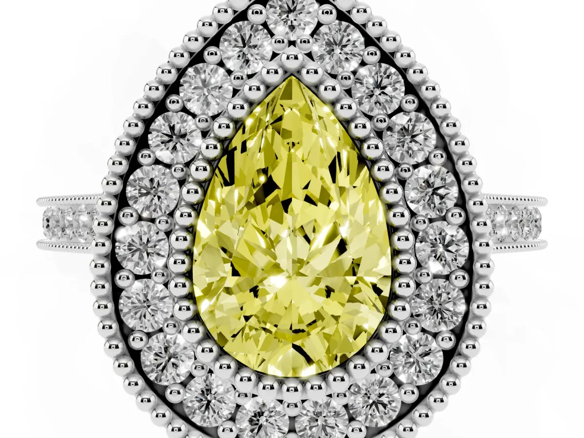 Fancy Yellow Pear Cut Diamond Halo Ring with Milgrain Frame and Pavé Band White gold