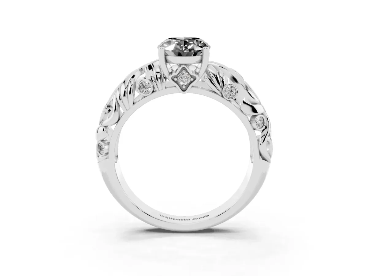 Fancy Black Oval Cut Solitaire Diamond Leaf-Inspired Vine Band Ring with Prong Setting Platinum