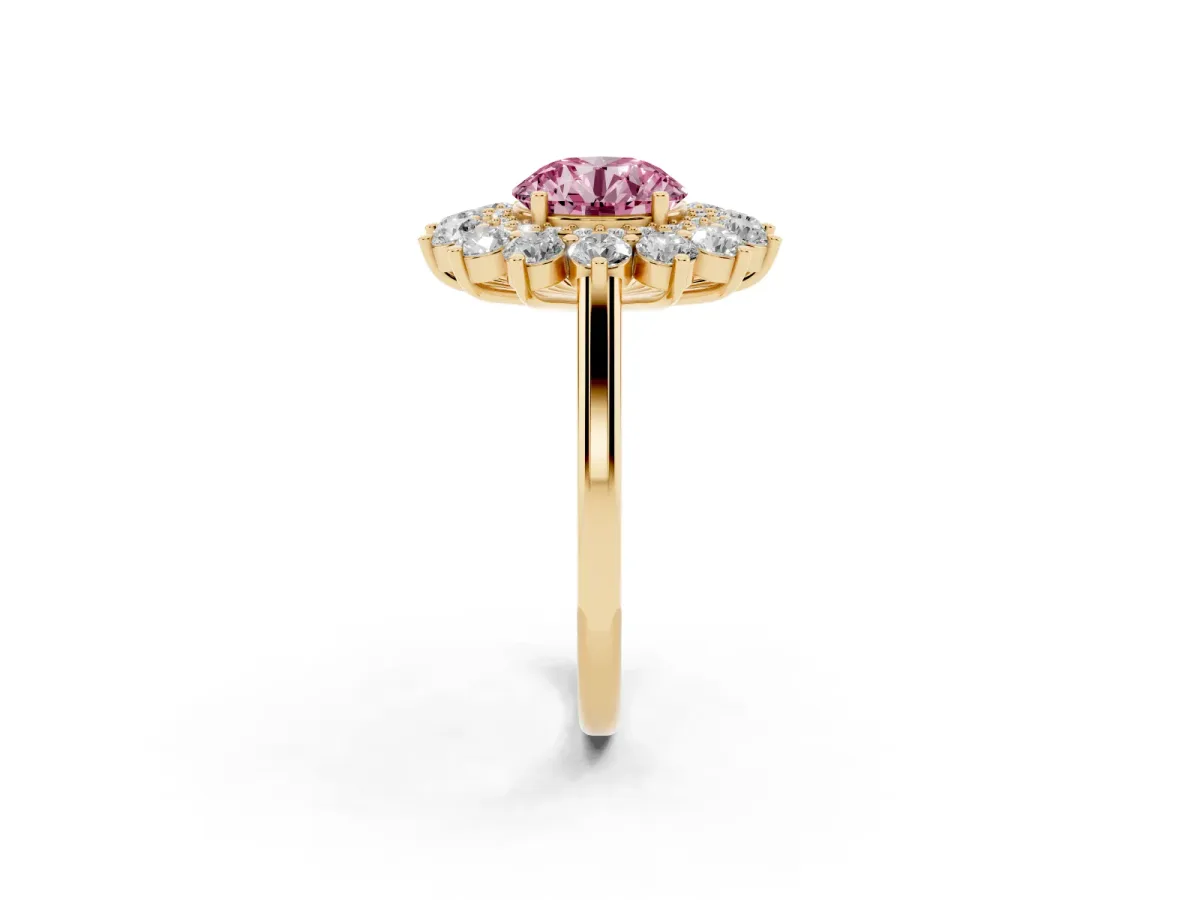 Fancy Pink Round Cut Diamond Floral Double Halo Engagement Ring with Prong Setting Yellow gold