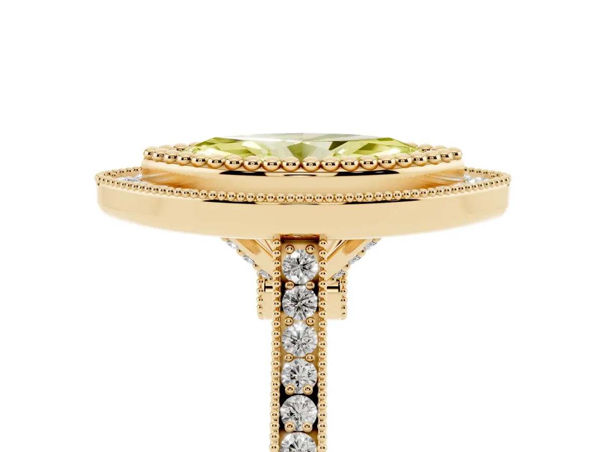 Fancy Yellow Marquise Cut Diamond Halo Ring with Milgrain Frame and Pavé Band Yellow gold