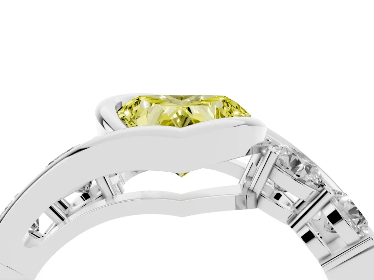 Fancy Yellow Bezel Set Heart Cut Diamond Bypass Ring with Round Accents Silver