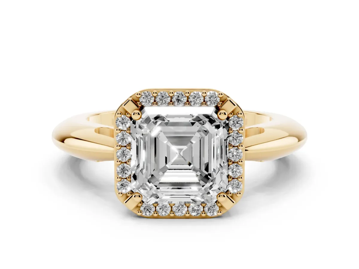 Asscher Cut Cut Diamond Halo Engagement Ring with Split Shank and Four-Prong Setting Yellow gold