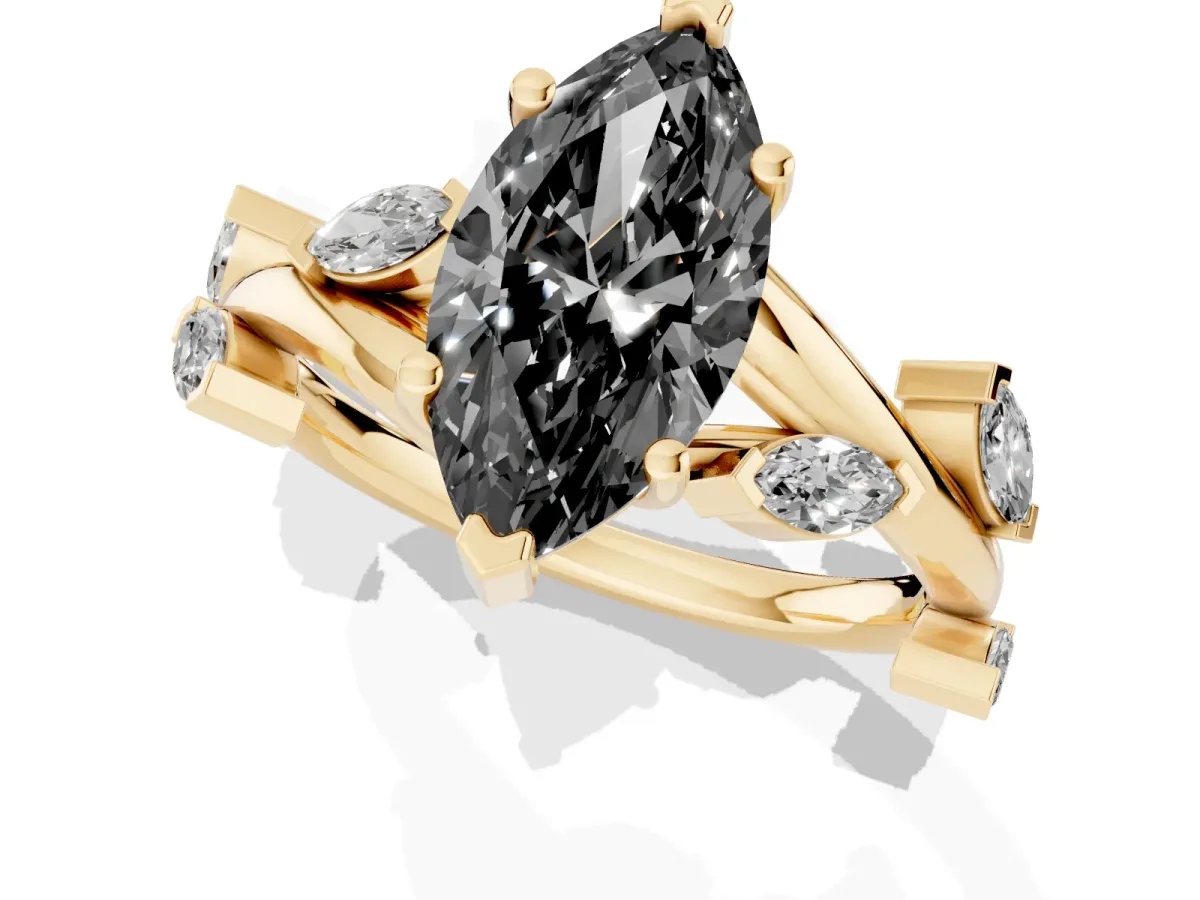 Fancy Black Marquise Cut Solitaire Twisted Band Marquise Accent Prong Setting Ring Yellow gold