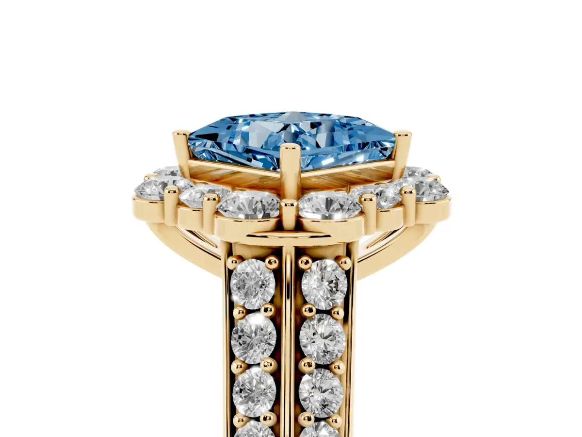 Fancy Blue Princess Cut Halo Diamond Engagement Ring with Split Shank and Prong Setting Yellow gold