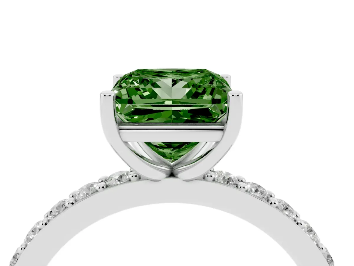 Fancy Green Princess Cut Cut Diamond Solitaire with Pave Band and Four-Prong Setting Silver