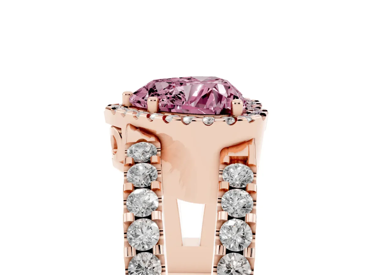 Fancy Pink Heart Cut Cut Halo Split Shank Diamond Ring with Four-Prong Setting Rose gold
