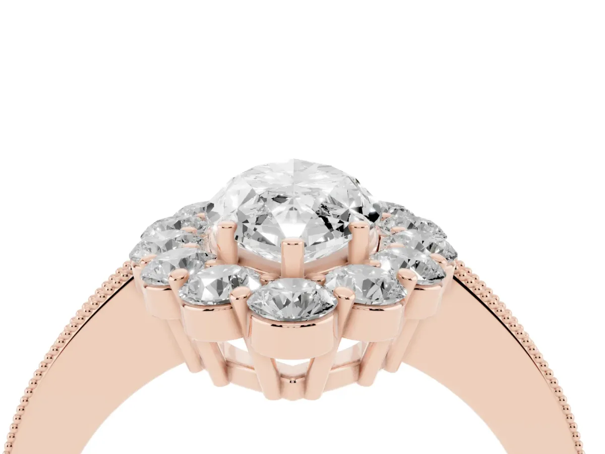 Marquise Cut Cut Halo Diamond Pavé Engagement Ring with Milgrain Detailing Rose gold