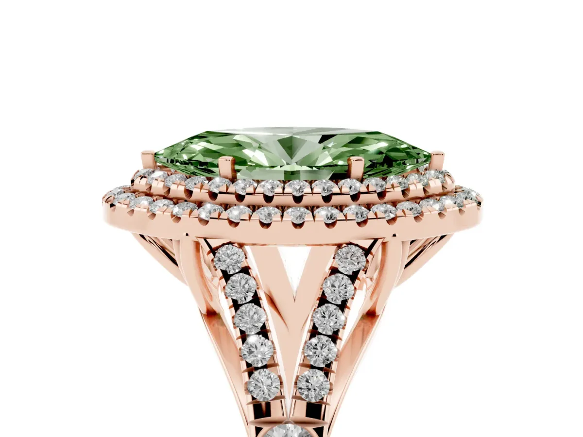 Fancy Green Marquise Cut Diamond Pavé Split Shank Double Halo Engagement Ring Rose gold