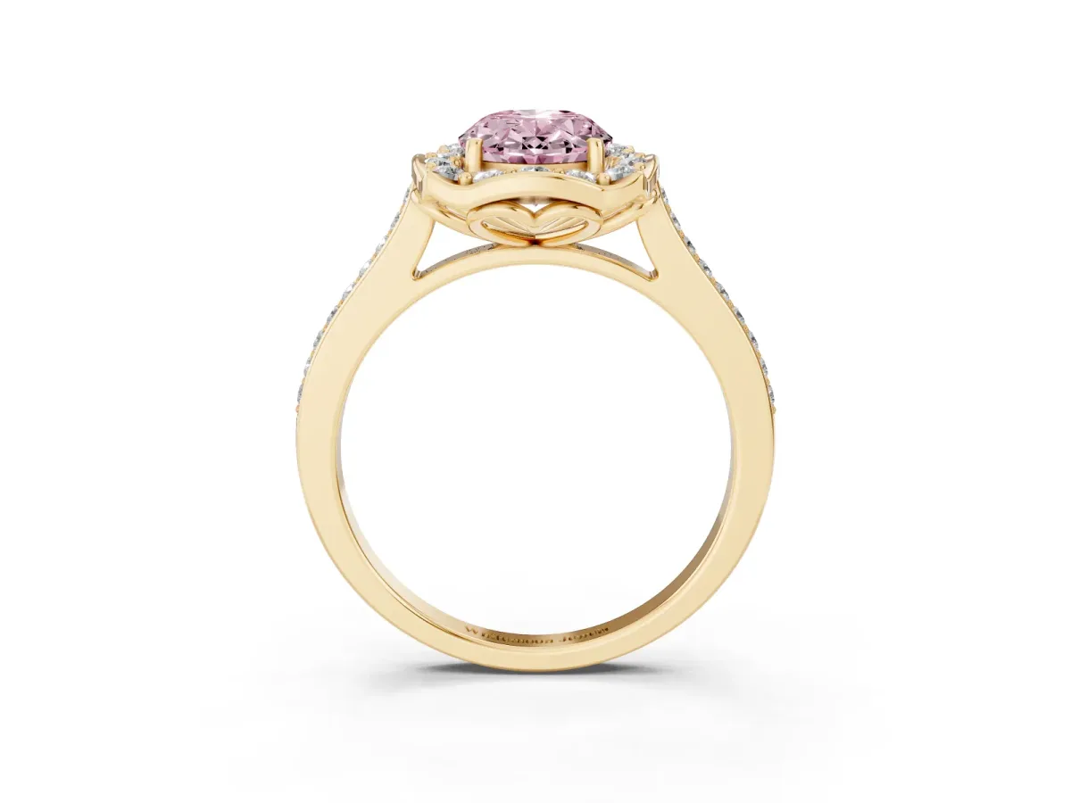 Fancy Pink Oval Cut Halo Round Diamond Pave Band with Four-Prong Setting Yellow gold