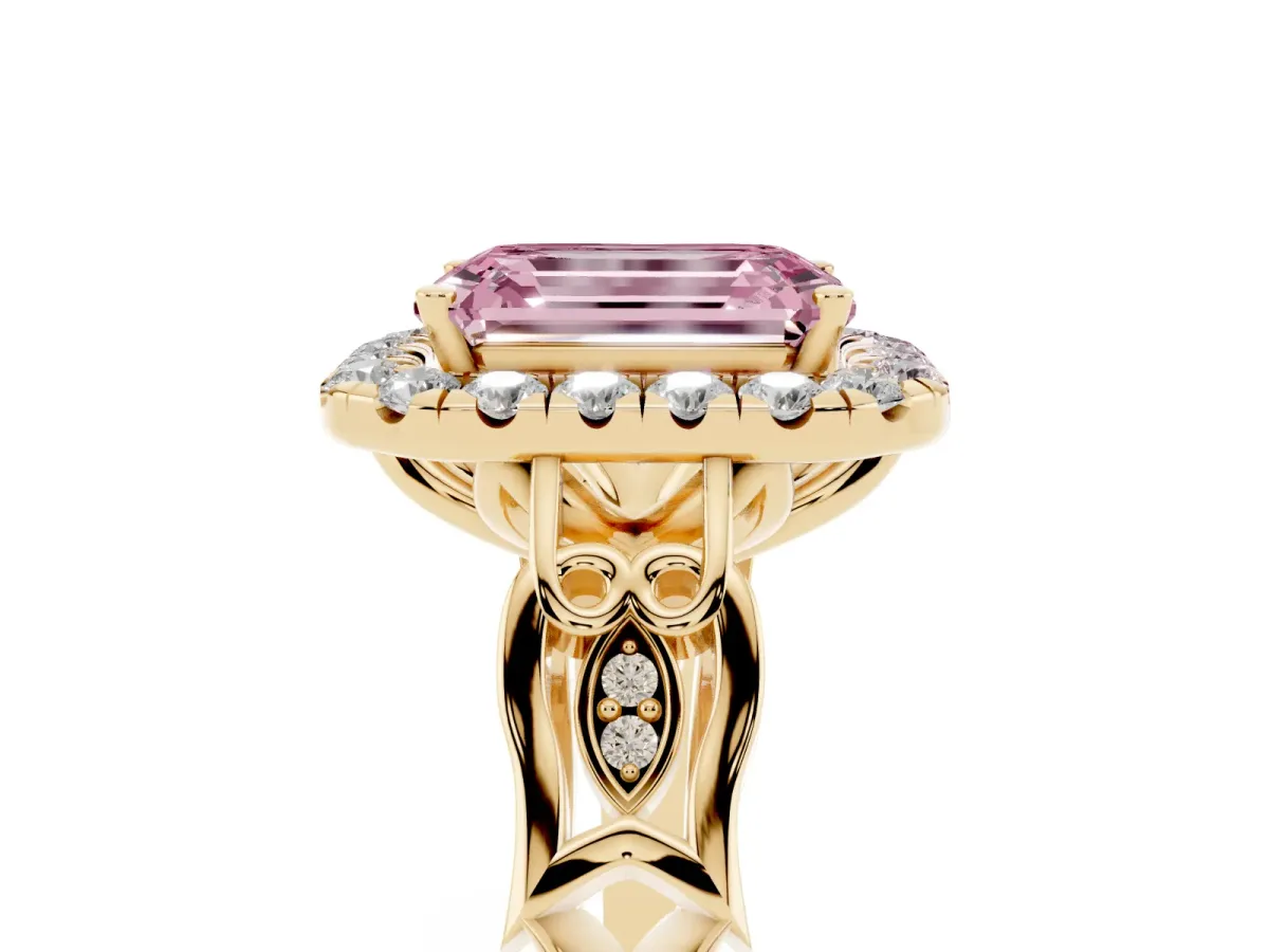 Fancy Pink Emerald Cut Halo Diamond Engagement Ring with Filigree Band and Four-Prong Setting Yellow gold