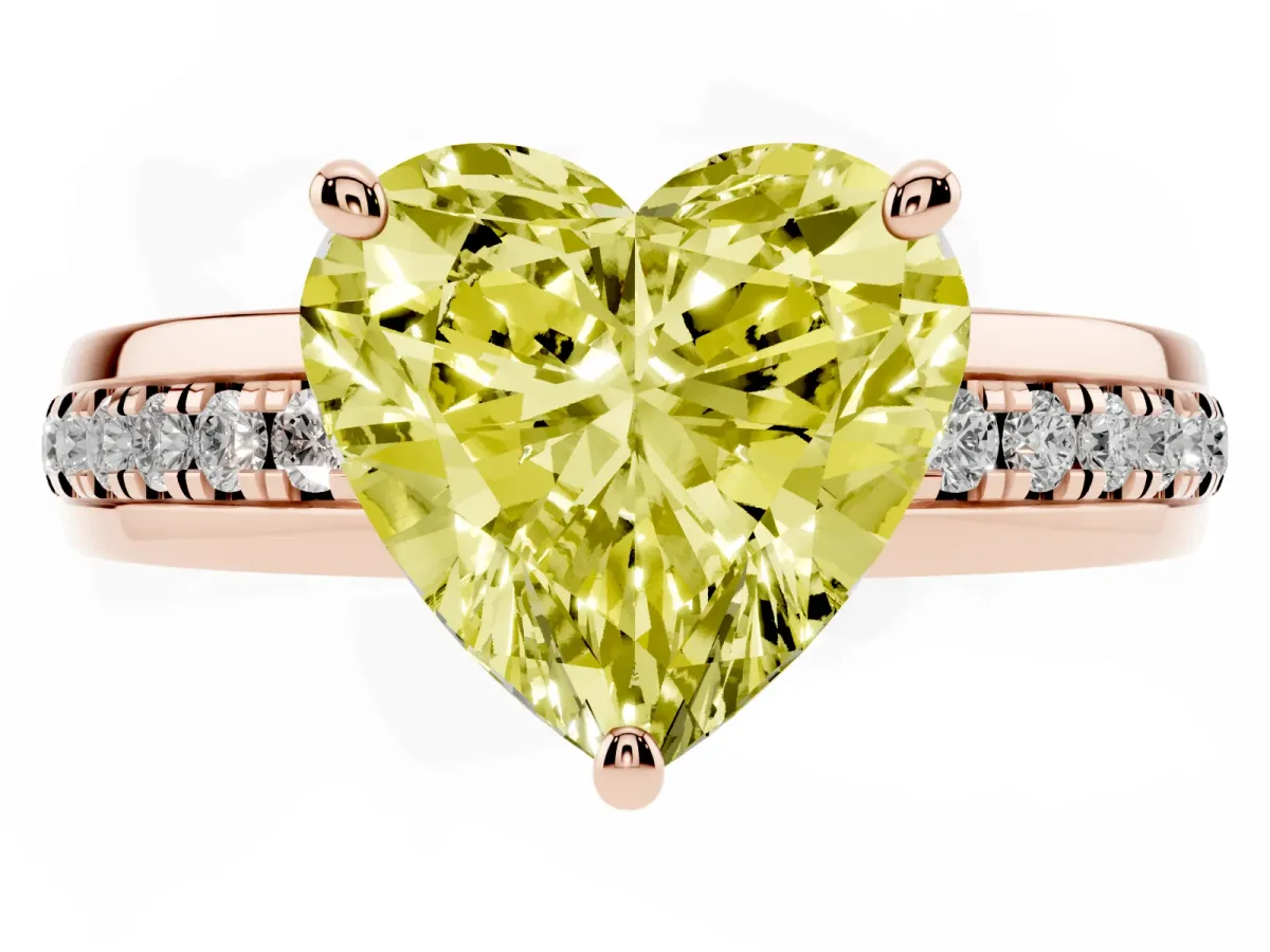Fancy Yellow Heart Cut Solitaire Diamond Ring with Channel Set Band and Six-Prong Setting Rose gold