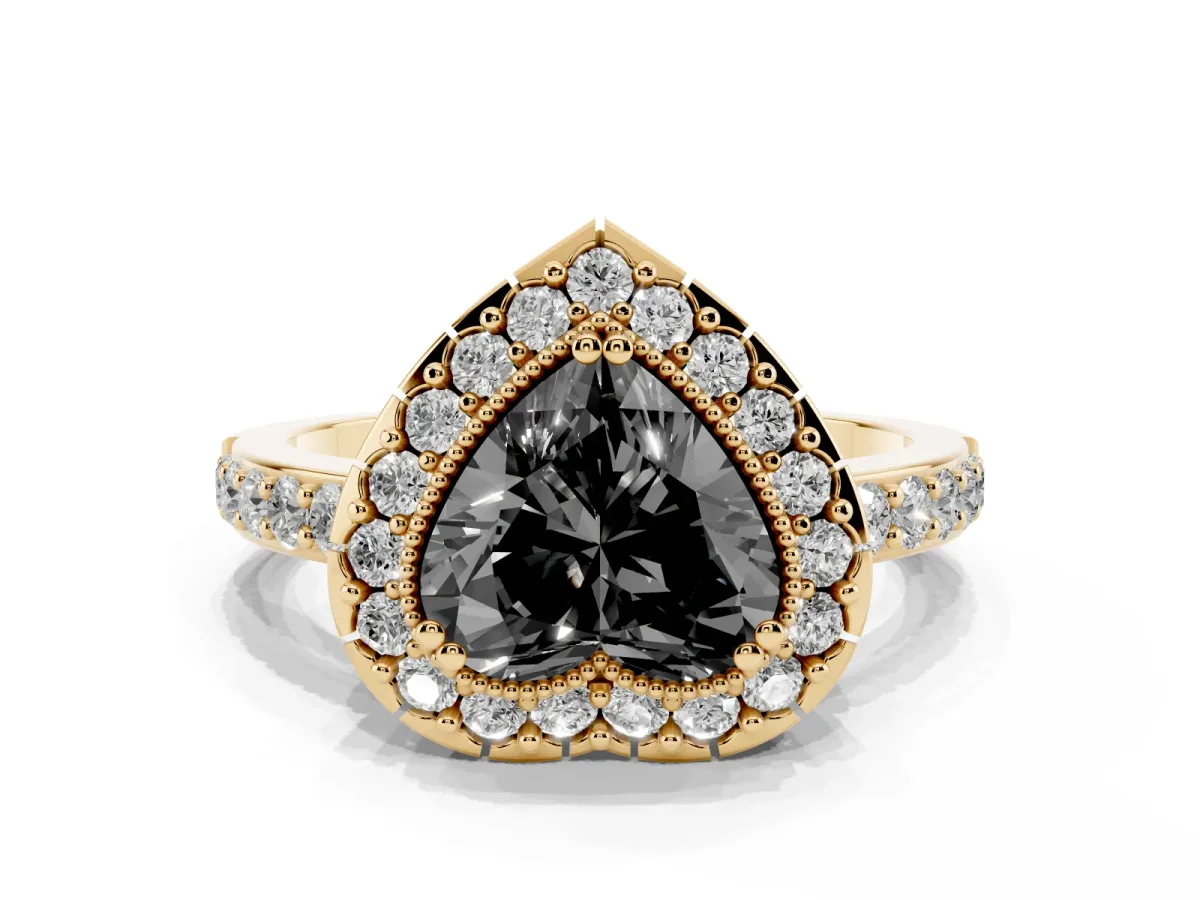 Fancy Black Heart Cut Diamond Halo Ring with Pavé Band and Prong Setting Yellow gold