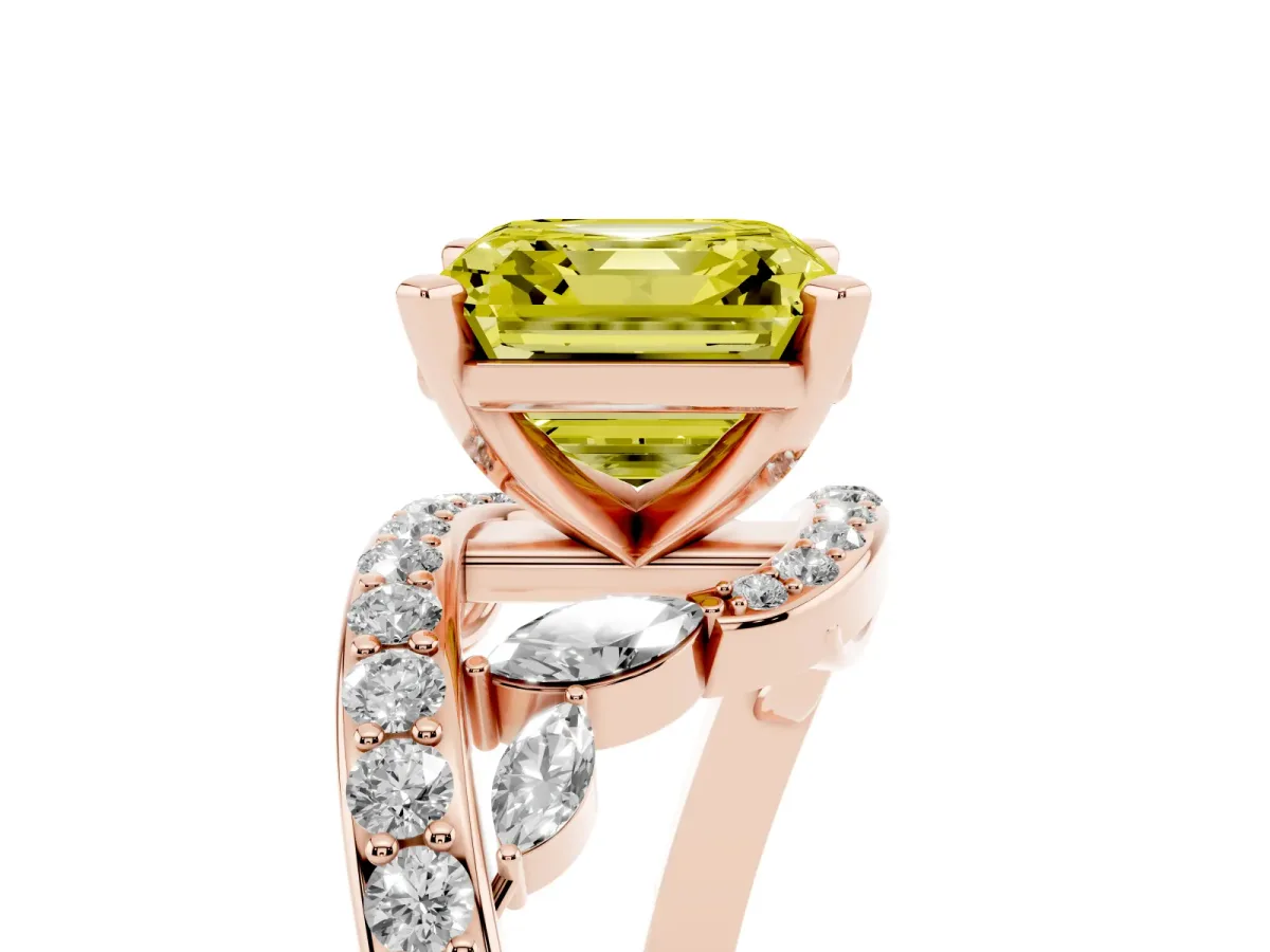 Fancy Yellow Asscher Cut Solitaire with Pavé Twist Band and Four-Prong Setting Rose gold