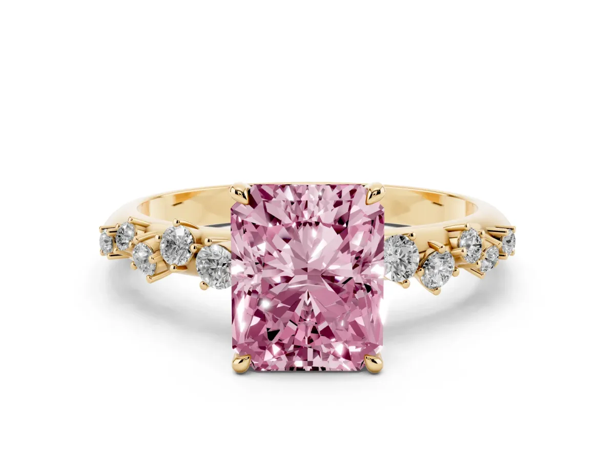 Fancy Pink Radiant Cut Diamond Cluster Side Stone Solitaire Ring with Prong Setting Yellow gold