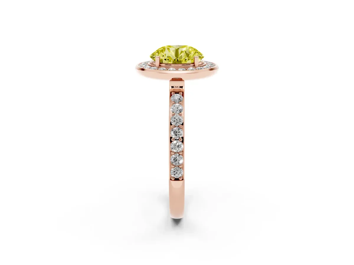 Fancy Yellow Round Cut Diamond Halo Ring with Bezel Frame and Pavé Band Rose gold