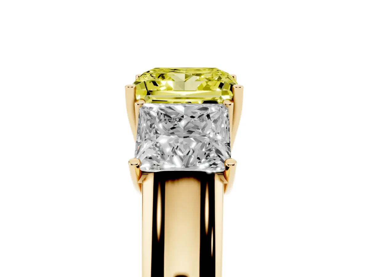 Fancy Yellow Three-Stone Princess Cut Cut Diamond Ring with Prong Setting and Classic Band Yellow gold