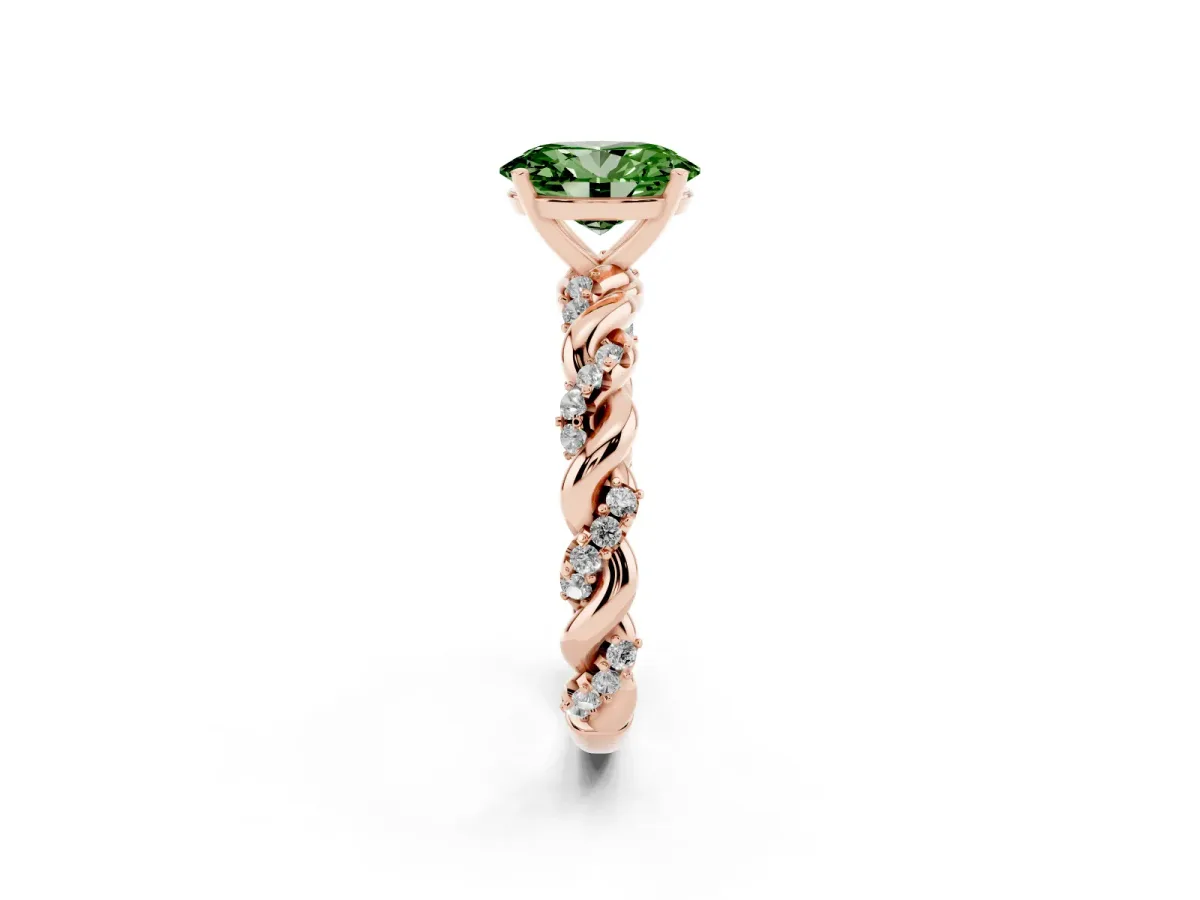 Fancy Green Oval Cut Diamond Solitaire Ring with Twisted Band and Pavé Accents Rose gold