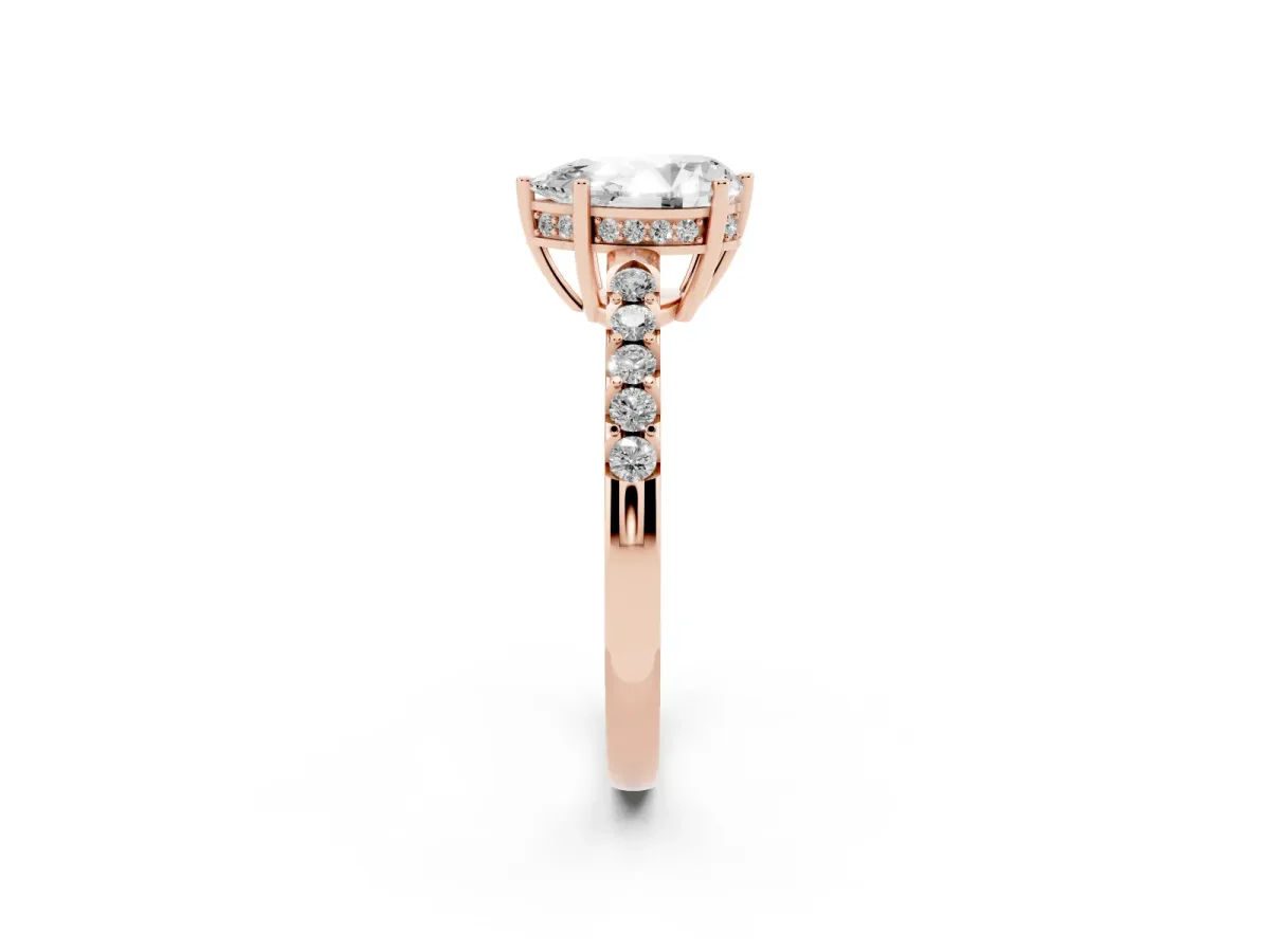 Pear Cut Solitaire Diamond Engagement Ring with Pavé Band and Six-Prong Setting Rose gold