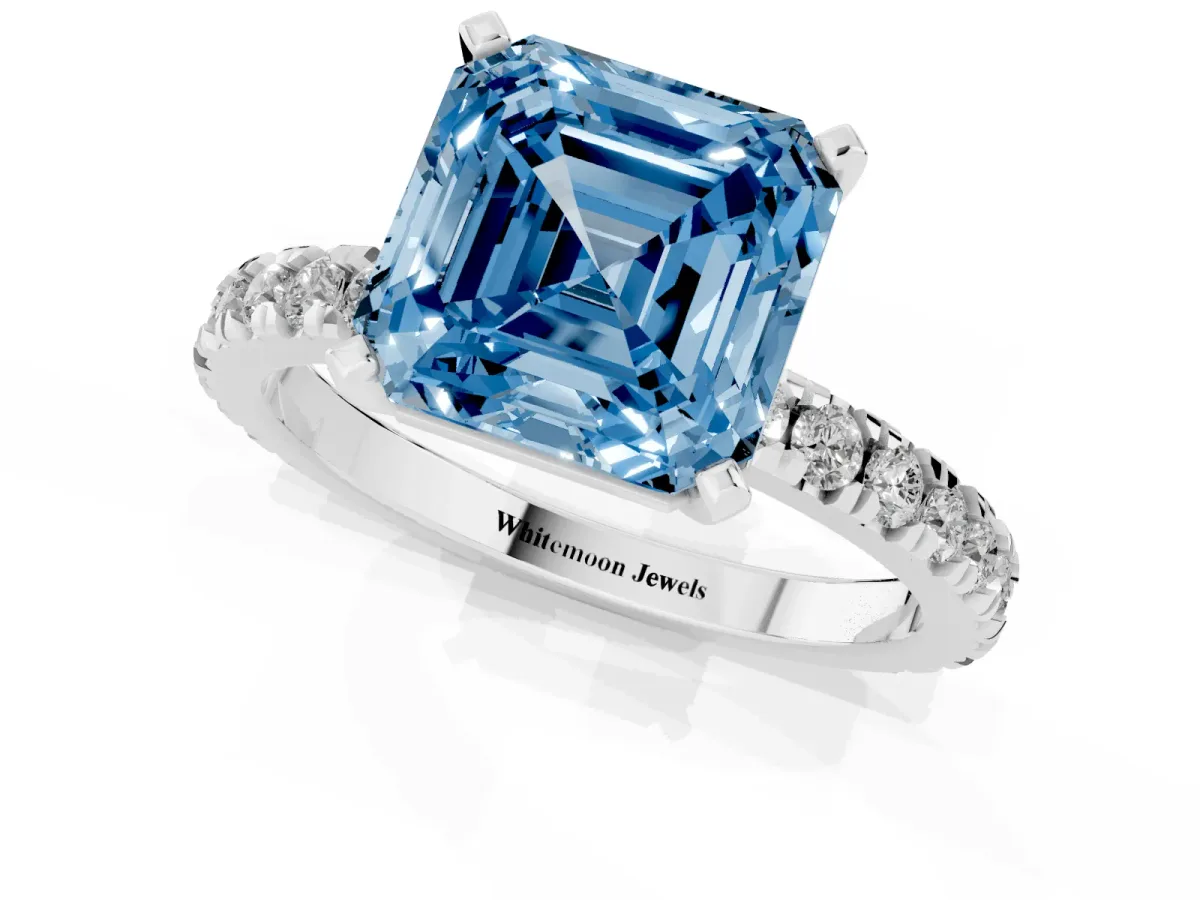 Fancy Blue Asscher Cut Diamond Pavé Band Solitaire with Four-Prong Setting Silver