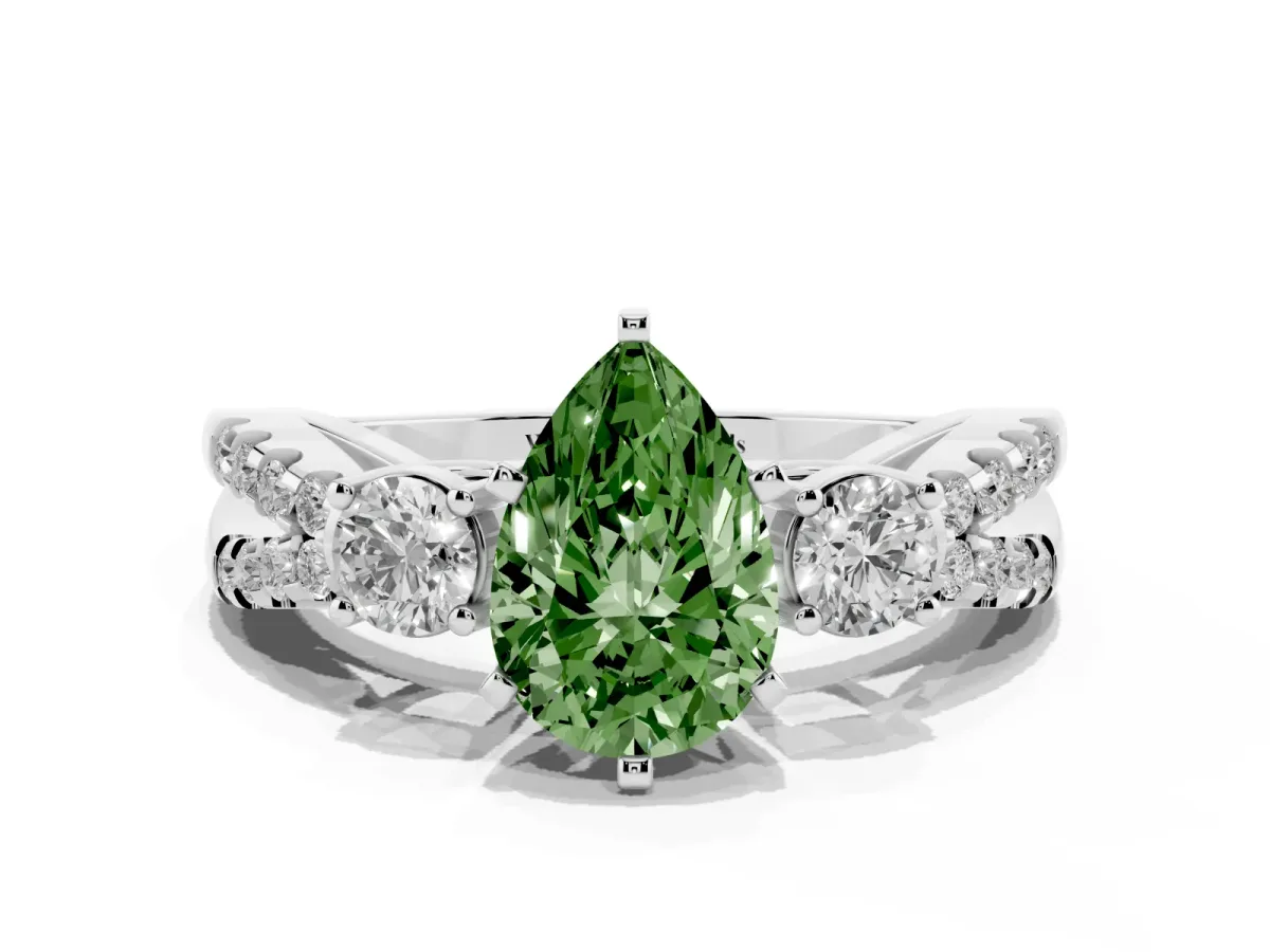 Fancy Green Pear Cut Diamond Three-Stone Ring with Pavé Split Shank and Four-Prong Setting Platinum