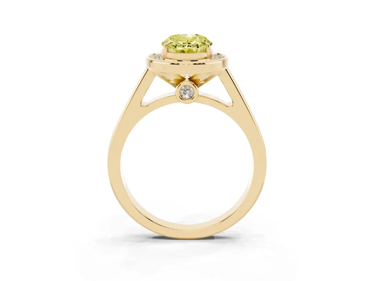 Fancy Yellow Oval Cut Halo Solitaire Diamond Ring with Pave Band and Bezel Setting Yellow gold