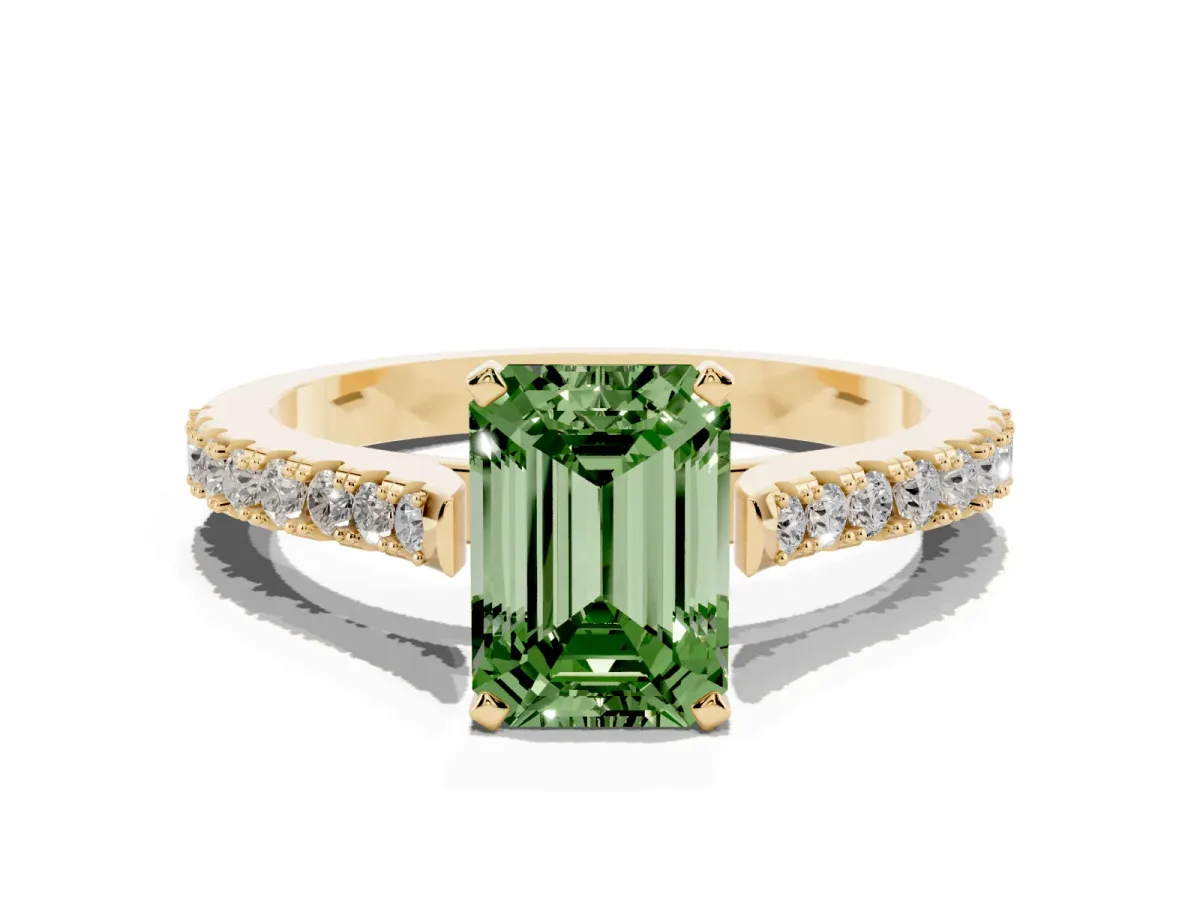 Fancy Green Emerald Cut Cut Solitaire Diamond Engagement Ring with Pave Band and Four-Prong Setting Yellow gold