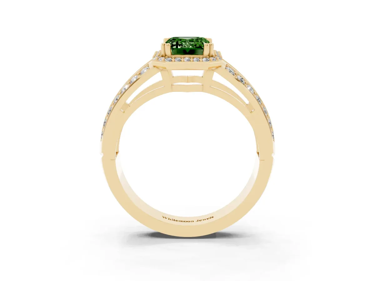 Fancy Green Emerald Cut Diamond Halo Ring with Split Shank Pavé Band and Four-Prong Setting Yellow gold