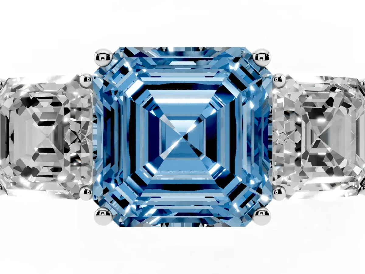 Fancy Blue Three-Stone Asscher Cut Cut Diamond Engagement Ring with Flat Band and Four-Prong Setting Silver
