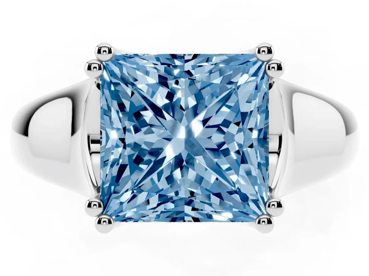 Fancy Blue Princess Cut Diamond Solitaire Ring with Wide Band and Prong Setting Platinum
