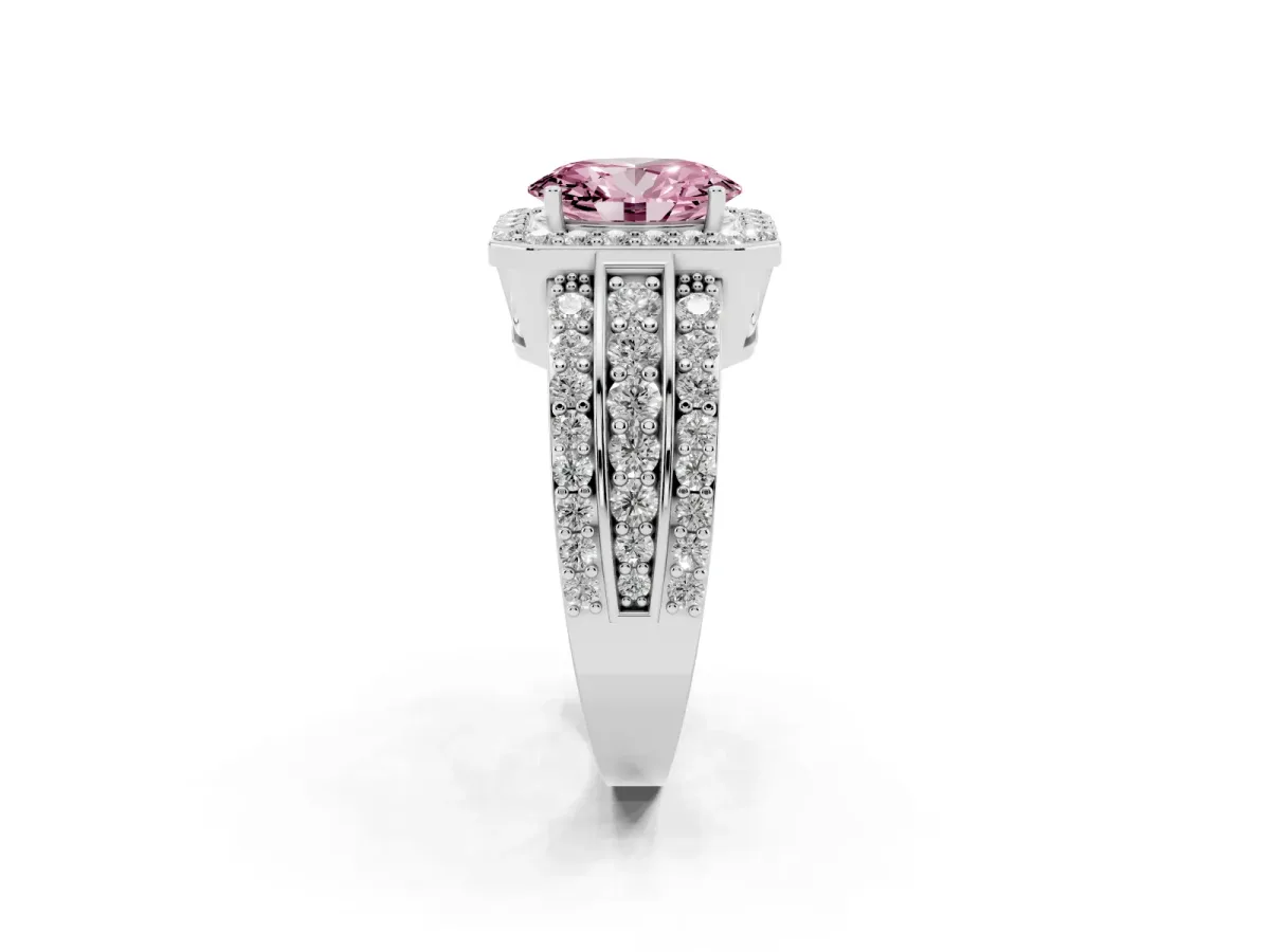 Fancy Pink Oval Cut Halo Diamond Ring with Round Split Shank and Prong Setting Platinum