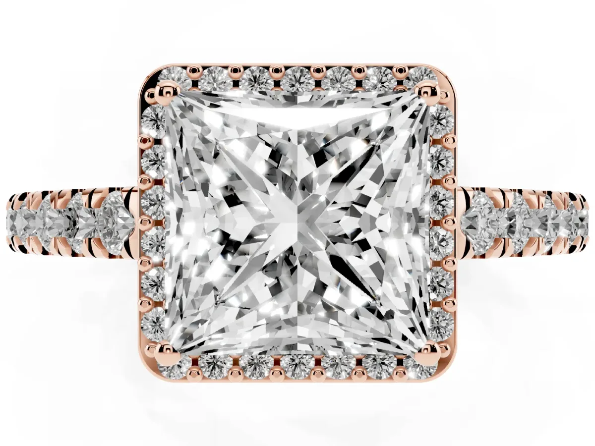 Princess Cut Cut Halo Diamond Engagement Ring with Pave Band and Four-Prong Setting Rose gold