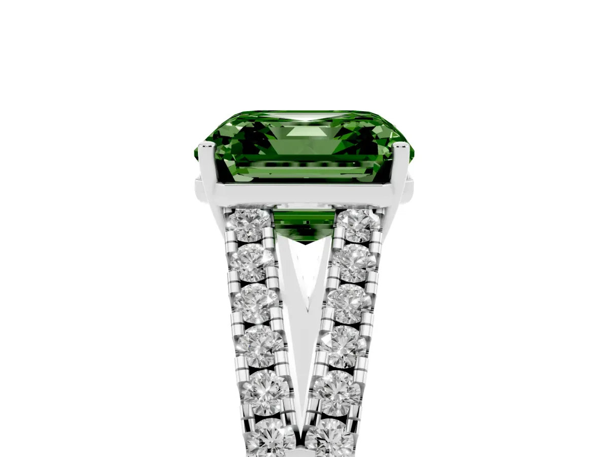 Fancy Green Asscher Cut Diamond Split Shank Pavé Engagement Ring with Four-Prong Setting Platinum
